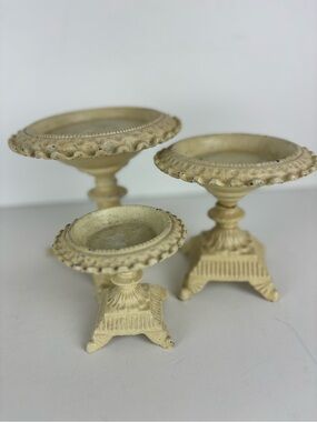 VTG Hen-Cast Iron 3-Pc Decor Candle-Pedestal -Stands-Ornate Distressed Cream